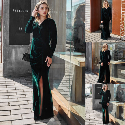 

Tailored Fashion Women Leisure Long Sleeve Solid Color V-Neck Split Dress