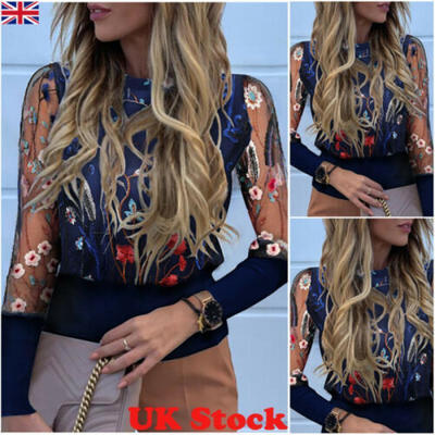 

Women Ladies Puff Mesh Sleeve Tops Pullover Sweater Blouse Loose Jumper Tops UK