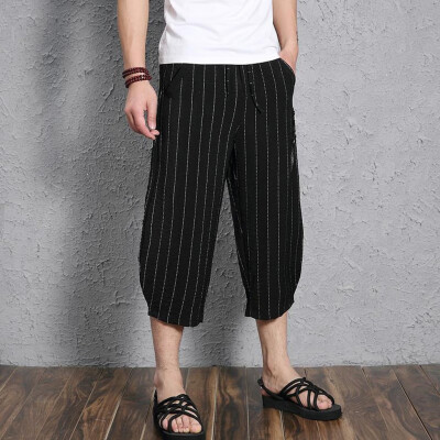 

Gobestart Mens Fashion Summer Casual Striped Drawstring Cotton Linen 34 Pants Trousers