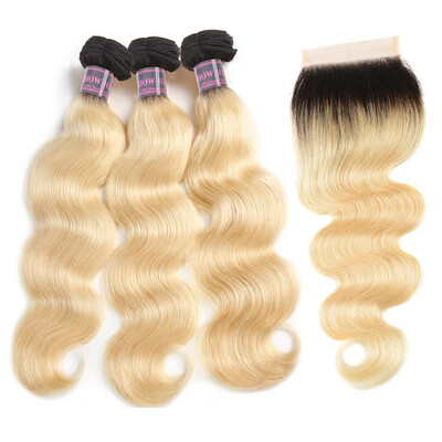 

Brazilian Hair Body Wave Ombre Hair Extensions 3pcs with Lace Clousre T1b613 Blonde Hair Bundles with Closure