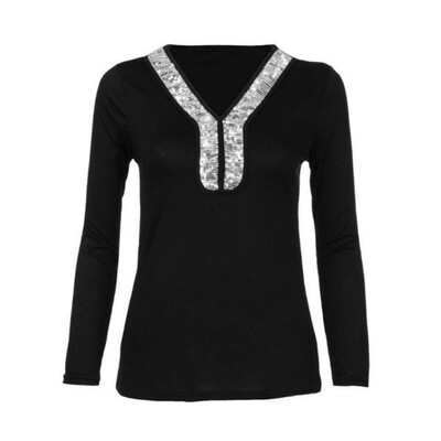 

Women Fashion Sequined Patchwork Tshirt Casual Long Sleeves V Neck Elegant Tshirt Female Autumn Winter Tops Clothing