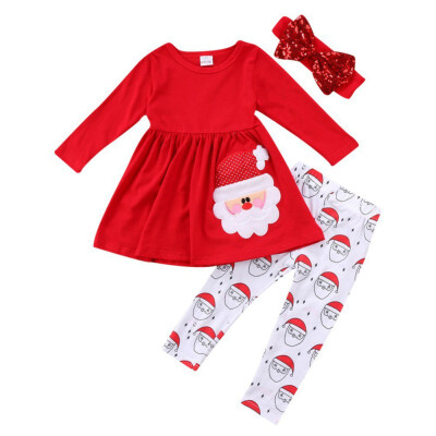 

2020 Autumn Baby Girl Cotton Long Sleeve Christmas Santa Claus Print T-shirt Dress Trousers With Headband Toddler Casual Wear