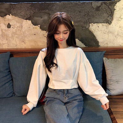 

Simple Women T Shirt Loose Round Collar Tshirt Solid Color Loose Long Sleeve Casual Simple Wild Short T-Shirt Tops