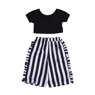 

2PcsSet Summer Baby Girls Casual Short Sleeve T-shirt TopsStriped Print Pants Suits Costume Set