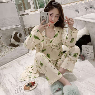 

Woman Autumn Sexy Pajamas Set Printed Sling Sleepwear 3 Peices Long Sleeves Soft Comfort Homewear Sexy Robe Sleepwear