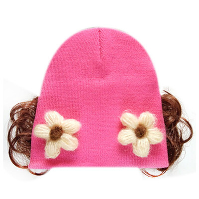 

Winter New Girls Hat Fashion Cute Wig Flower Hair Children Baby Kids Cap Floral Warm Knitted Earmuff Wig Caps Baby Accessories