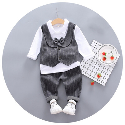 

Autumn Baby Boys Clothes Children Gentleman Clothes Set Casual T-shirt With Fake Vest Tie Design Stripe Pants Trouser