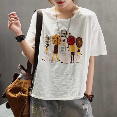 

Women Embroidery Casual Simple Wild T-Shirt Loose Round Collar Summer Retro Loose Short Sleeve T-Shirt