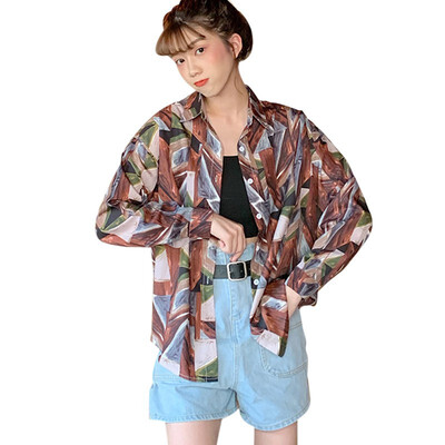 

Female Cardigan Tops Casual Long Sleeve Turn-down Collar Shirt Blusa Women Fashion Personality Printed Loose Blouse Shirt