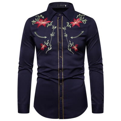 

Tailored Mens Leisure Fashion Embroidery Printing Lapel Long Sleeve Shirt Top Blouse