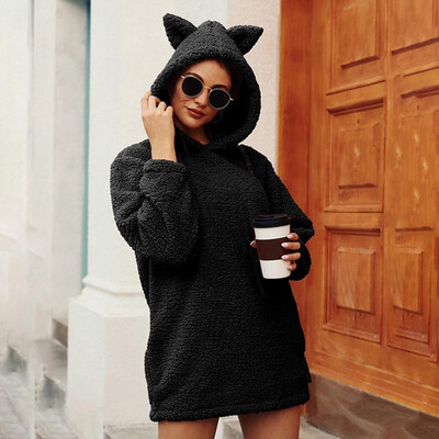 

Fashion Women Winter Fluffy Solid Color Hoodie Longline Hooded Long Sleeve Ear Thick Warm Casual Pullover Coat
