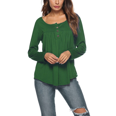 

Women T Shirt Tops Fashion Long Sleeve O-Neck Button T Shirts Pleated Autumn Winter Casual Solid Women Tshirt Female Loose Tops