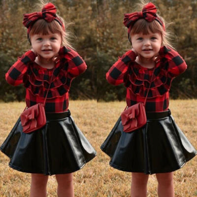 

Toddler Kids Baby Girl Clothes Set Plaid Tops Shirt Leather Dress Skirt Outfits