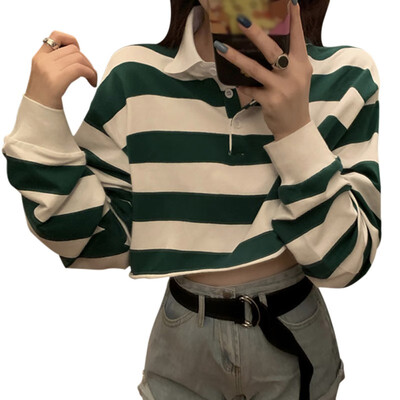 

New Autumn Women Casual Striped T-Shirt Lapel Long Sleeved T shirt Loose Hip Hop Streetwear Female Short Tee Clothing