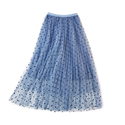 

Elegant Tulle Long A-Line Skirt Women High Waist Wave Point Print Mesh Temperament Skirt Women Midi Party Skirt Autumn