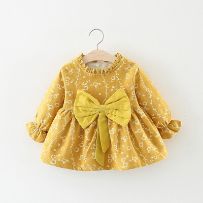 

Baby Dress 0-3T New Autumn Baby Girls Long Flare Sleeve Floral Print Dress With Bowknot Kids Princess Thicken Pageant Dresses