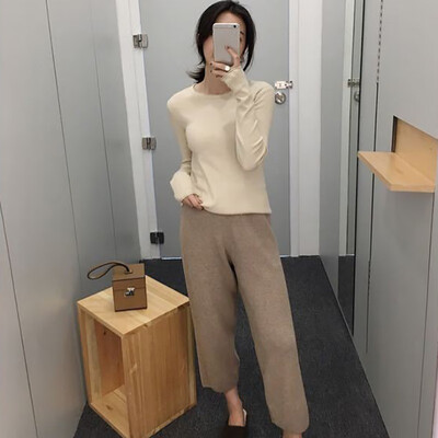

Autumn Winter Knitted High Waist Casual Pants Loose Solid Straight Femme Trousers