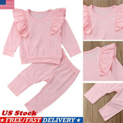 

2PCS Toddler Kids Baby Girls Ruffle Tops Pants Pink Outfits Clothes Spring US