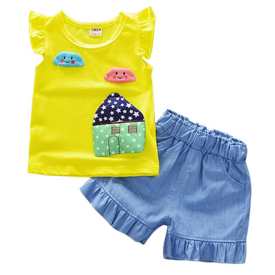 

Summer Girls Clothing Sets Fly Sleeves Clouds Print Childrens clothing Girl T-shirt denim Pant Fashion Kids clothes