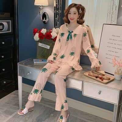 

Autumn Women Pajamas Sets Flower Print Fashion Bow Luxury Female Faux Silk Two Pieces Shirts Pants Nighties Sleepwear