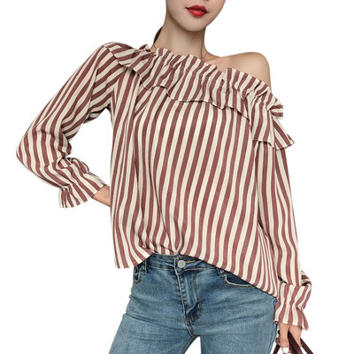 

Summer Sexy Blouse Women Tops Striped Blusas Elegant Lady Blouse Off Shoulder Female Blouse Shirt