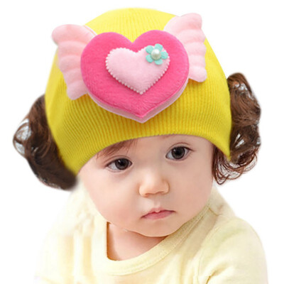 

Newborn Cute Baby Hat Toddler Baby Warm Knit Hat Girls Caps Cartoon Bowknot Cap Girls Fake Hair Wig Hats Kids Headwear