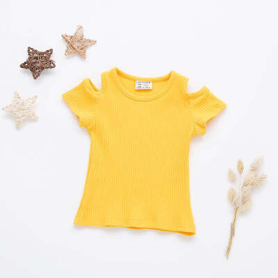 

2018 New Summer Baby Girls Candy Color Off-shoulder Short Sleeved Kids T-shirt Cotton Clothes Tops