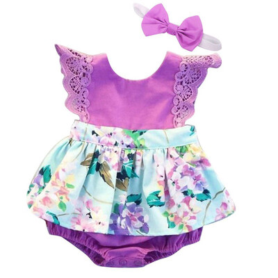 

spliced design baby Printed Floral sleeveless PP short pants jumpsuit Rompers Bowknot Head Bandborn girls 0-24M