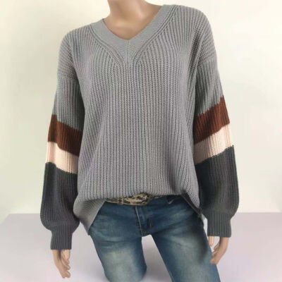 

Pullover Women Striped Stitching Knit Material Comfortable Soft Autumn Fashion New Wild Loose Long Sleeve Style Simple