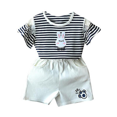 

Children Summer Comfortable Cartoon Stripes Printed Short Sleeve T-shirt Round Collar Casual TopsPants 1-5Y