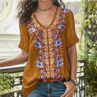 

Women Boho Embroidered Tops T Shirt Short Sleeve Blouse Lady V Neck Loose Shirts