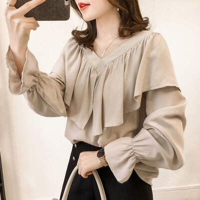 

Fashion Ruffles V-Neck Tops Autumn Ladies Blouse Solid Color Women Long Sleeve Casual Chiffon Elegant Shirt