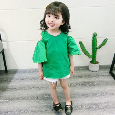 

Kids Summer Girls Sweet Strap Off-shoulder Wear Bottoming Trumpet Sleeved Solid Color Cotton Tops 0-2 Years