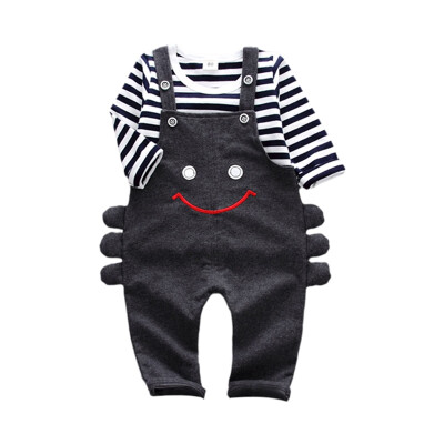 

2pcs Baby Boy Bib Pants Hoodie Suit Long Sleeve Striped Shirt Suspender Straps Cartoon Long Pants Trousers Children New