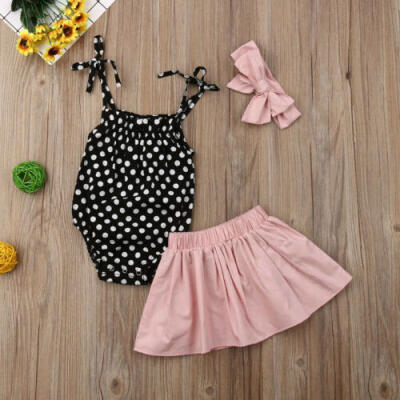 

US Toddler Infant Baby Girls Outfits Summer Romper Skirt Headband Party Set