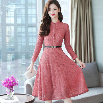 

2018 Autumn Lace Dress Work Casual Slim Fashion O-neck Sexy Hollow Out Dresses Women A-line Vintage Vestidos