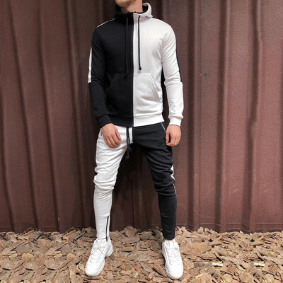 

Toponeto Mens Autumn Patchwork Zipper Sweatshirt Top Pants Sets Sports Suit Tracksuit