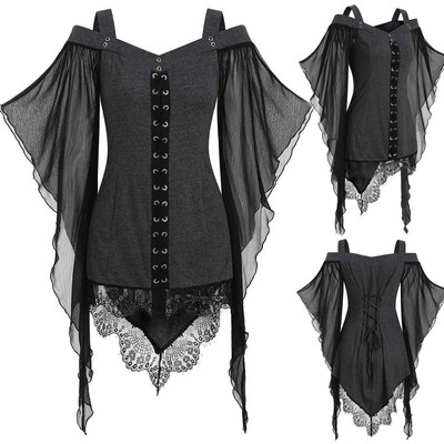 

Gobestart Women Gothic Criss Cross Lace Insert Butterfly Sleeve T-shirt Plus Size Tops