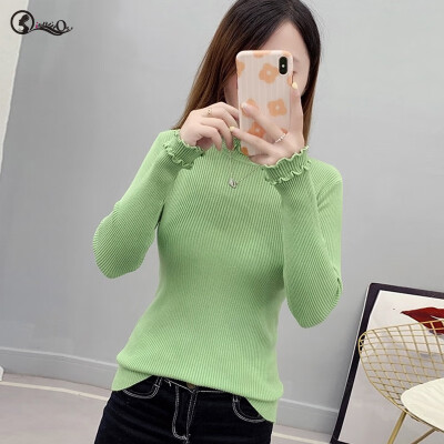 

Women knit Sweater New Slim Solid Color Ruffled Pullovers Korean Style O-Neck Long Sleeve Ladies Knitted Sweater cheap top