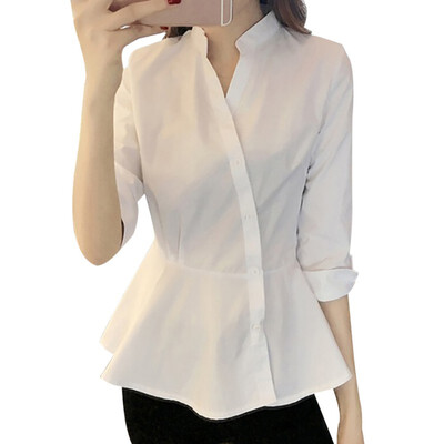 

Loose Office Lady Shirts Summer Simple Solid V-Neck Three Quarter Sleeve Button Up Blouse fashion woman blouses 2019
