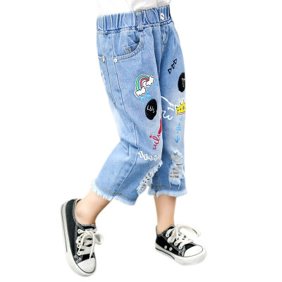 

Baby Jeans Newborn Girls Cartoon Print Ripped Short Pants Baby Denim Shorts Stretch Trousers Kids Casual Children Clothing