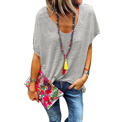 

Plus Size Candy Color V Neck Short Sleeve T-Shirt Summer Tee Women Loose Top