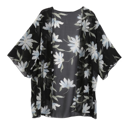 

Summer Beach Blouses & Shirts Fashion Women Three Quarter Sleeve Floral Chiffon Top Blouse Cardigan Shirts