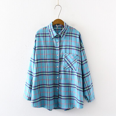 

Women Plaid Shirts Oversize Single Breasted Autumn Long Sleeve Korean Blouse Female Loose Trendy Retro BF Tops