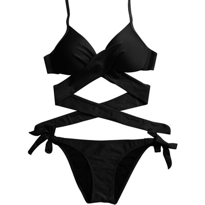 

Women Summer New Style Personality Sexy Lace Up Solid Color Concise Cross-Tie Bikinis Set Polyester Beach Vacation