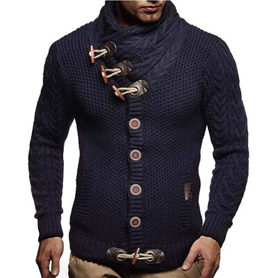 

Male Men Turtleneck Sweater Cardigan Coat Horns Buckle Knitted Sweaters Jacket