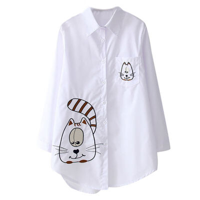 

Women White Shirt Button Up Turn Down Collar Long Sleeve Cotton Blouse Embroidery Feminina