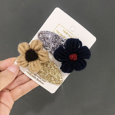 

Two Pieces Set Children Handmade Wool Sequins Flower Baby Girls Cute Hair Pin Hair Accessories