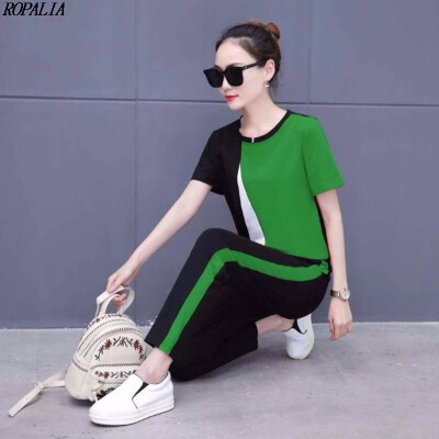 

Womens Summer Fashion O-Neck Color Block Top And Ankle-Length Pockets Elastic Waist Pants 2 Pieces Set