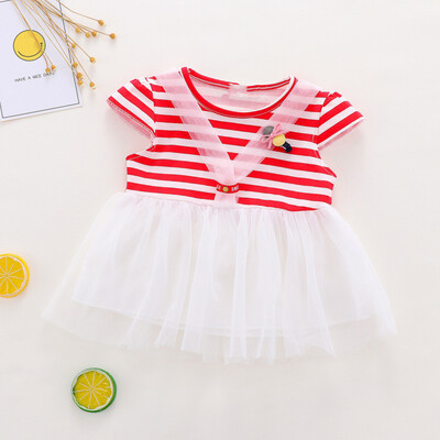 

Summer Girls Dress Sweet Striped Print Princess Mesh Cute Sweet Lace Short-sleeved Cotton Dress